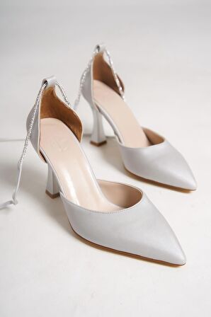 Modabuymus Glossy Gümüş Taşlı Stiletto Abiye Topuklu Ayakkabı