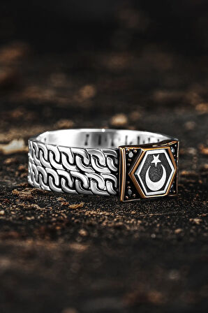 Erkek Gümüş Yüzük - Zirkon Taşlı Ay Yıldız İşlemeli Sarmal Model Erkek Yüzük