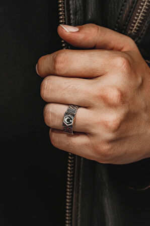 Erkek Gümüş Yüzük - Zirkon Taşlı Ay Yıldız İşlemeli Sarmal Model Erkek Yüzük