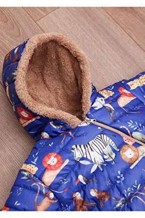 Safari Desenli İçi Kürklü Kapüşonlu Erkek Bebek Saks Mavi Astronot Kozmonot Tulum