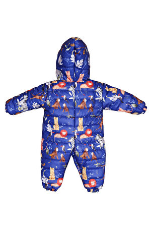 Safari Desenli İçi Kürklü Kapüşonlu Erkek Bebek Saks Mavi Astronot Kozmonot Tulum