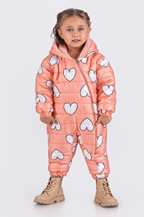 Kalp Figürlü İçi Kürklü Kapüşonlu Somon Kız Bebek Astronot Kozmonot Tulum