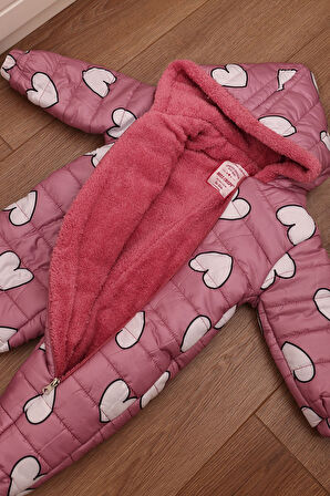 Kalp Figürlü İçi Kürklü Kapüşonlu Mürdüm Kız Bebek Astronot Kozmonot Tulum