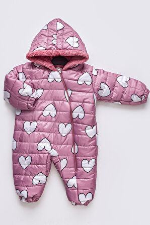 Kalp Figürlü İçi Kürklü Kapüşonlu Mürdüm Kız Bebek Astronot Kozmonot Tulum