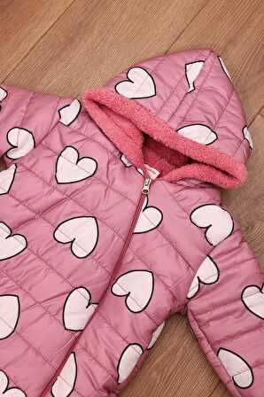 Kalp Figürlü İçi Kürklü Kapüşonlu Mürdüm Kız Bebek Astronot Kozmonot Tulum