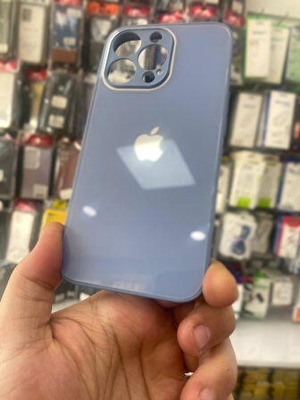 İPHONE 13 PRO UYUMLU LOGOLU GLASS ARKASI CAM ŞIK TASARIM SERT KAMERA KORUMALI KILIF AÇIK MAVİ