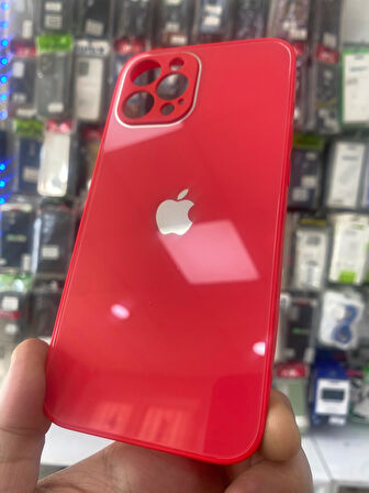 İPHONE 13 PRO UYUMLU LOGOLU GLASS ARKASI CAM ŞIK TASARIM SERT KAMERA KORUMALI KILIF KIRMIZI