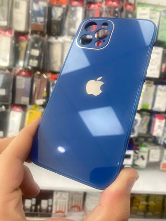 İPHONE 12 PRO UYUMLU LOGOLU GLASS ARKASI CAM ŞIK TASARIM SERT KAMERA KORUMALI KILIF MAVİ