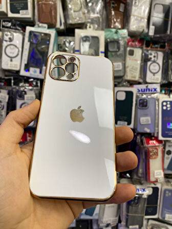 İPHONE 12 PRO UYUMLU LOGOLU VOİT PARLAK KILIF BEYAZ KENARLAR GOLD