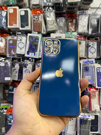 İPHONE 12 PRO UYUMLU LOGOLU VOİT PARLAK KILIF MAVİ KENARLAR GOLD