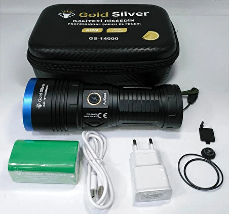 Gold Silver GS-14000 Şarjlı El Feneri | 40W 4000 Lümen | 12800 mAh Li-ion | Kamp, Avcılık & Acil Durumlar