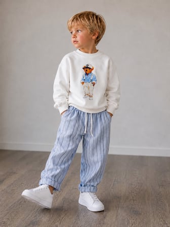 Erkek Çocuk Ayıcık Baskılı Sweatshirt Keten Pantolon Alt Üst Takım