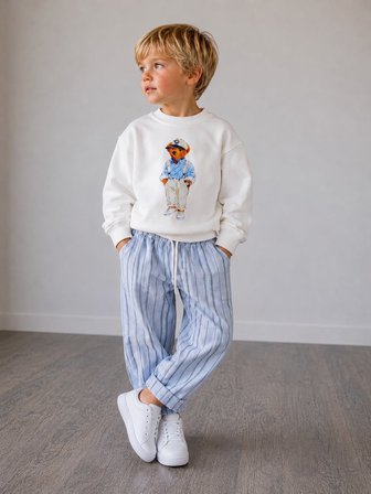 Erkek Çocuk Ayıcık Baskılı Sweatshirt Keten Pantolon Alt Üst Takım