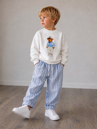 Erkek Çocuk Ayıcık Baskılı Sweatshirt Keten Pantolon Alt Üst Takım