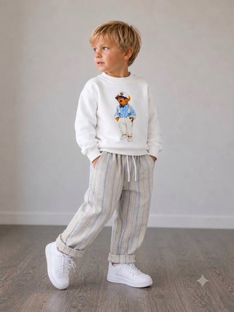Erkek Çocuk Ayıcık Baskılı Sweatshirt Keten Pantolon Alt Üst Takım