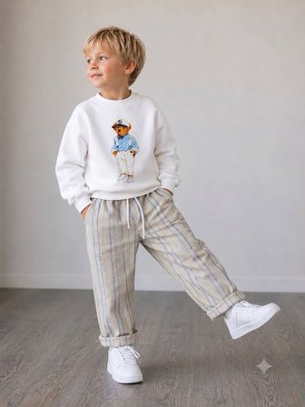 Erkek Çocuk Ayıcık Baskılı Sweatshirt Keten Pantolon Alt Üst Takım