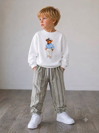 Erkek Çocuk Ayıcık Baskılı Sweatshirt Keten Pantolon Alt Üst Takım