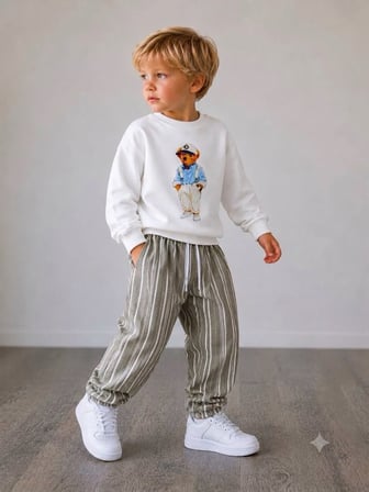 Erkek Çocuk Ayıcık Baskılı Sweatshirt Keten Pantolon Alt Üst Takım
