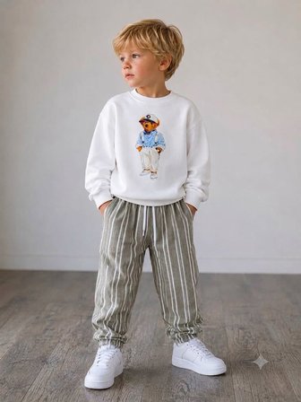 Erkek Çocuk Ayıcık Baskılı Sweatshirt Keten Pantolon Alt Üst Takım