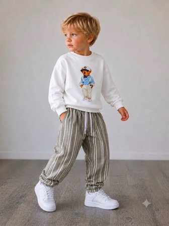 Erkek Çocuk Ayıcık Baskılı Sweatshirt Keten Pantolon Alt Üst Takım