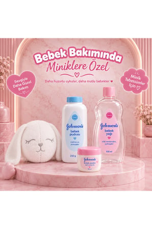 Johnson's Bebek Yağı 500 ml + Pudra 200 g + Hafif Parfümlü Vazelin 100 ml + Peluş Uyku Arkadaşı 4'lü Bebek Bakım Seti