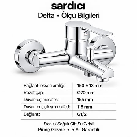 Sardıcı Delta Krom Pirinç Banyo Bataryası Dirsek Rozet Dahil 5 Yıl Garantili