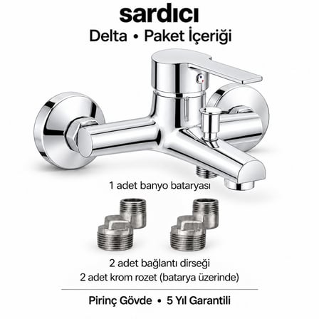 Sardıcı Delta Krom Pirinç Banyo Bataryası Dirsek Rozet Dahil 5 Yıl Garantili