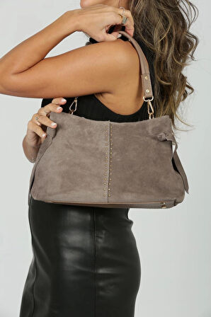 Vizon Süet Gold Zımba Detaylı Omuz Çantası