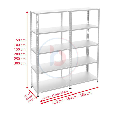 5 Katlı Duble Galvaniz Çelik Raf - Depo, Arşiv, Kiler, Dosya, Market Rafı 59x60 cm-250 cm-1.50 mm