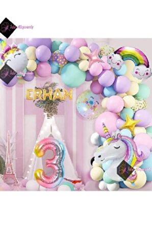 5 Harfli 3 Yaş Gökkuşağı Konsepti Unicorn Temalı Makaron Balon Doğum Günü Parti Kutlama Seti