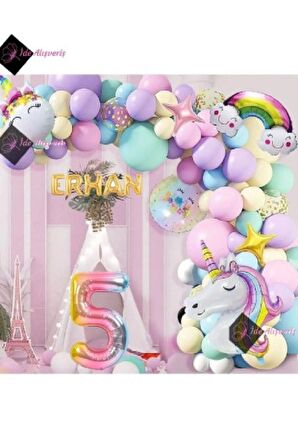 5 Harfli 5 Yaş Gökkuşağı Konsepti Unicorn Temalı Makaron Balon Doğum Günü Parti Kutlama Seti