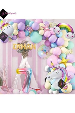 5 Harfli 7 Yaş Gökkuşağı Konsepti Unicorn Temalı Makaron Balon Doğum Günü Parti Kutlama Seti