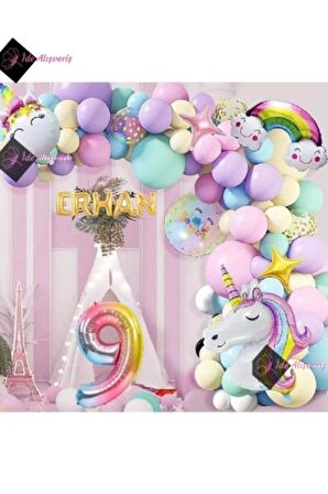 5 Harfli 9 Yaş Gökkuşağı Konsepti Unicorn Temalı Makaron Balon Doğum Günü Parti Kutlama Seti