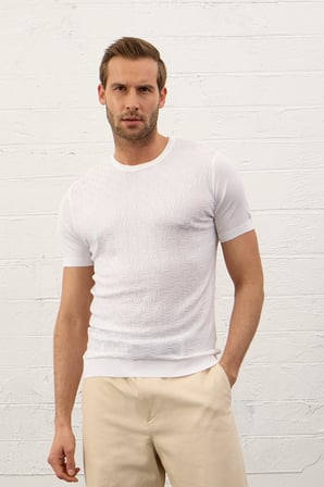 Erkek Desenli Bisiklet Yaka  Slim-Fit Kalıp İnce Triko Tişört Beyaz