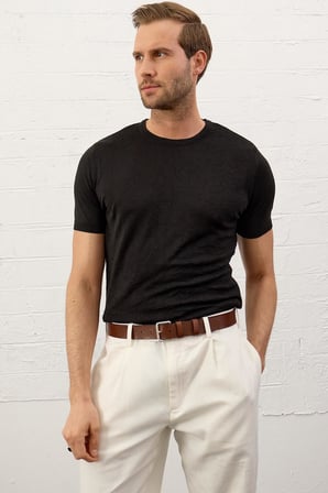 Erkek Modelli Bisiklet Yaka Slim-Fit Yazlık Triko Tişört Siyah