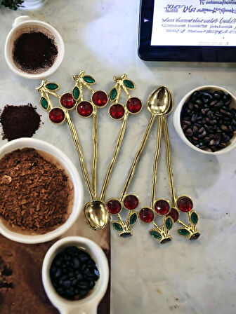 Kirazlı Çay Kaşığı 6'lı Gold Kirazlı Kahve Çay Sunum Kaşığı Hediyelik Kaşık Decorative Spoon