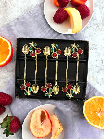 Kirazlı Çay Kaşığı 6'lı Gold Kirazlı Kahve Çay Sunum Kaşığı Hediyelik Kaşık Decorative Spoon