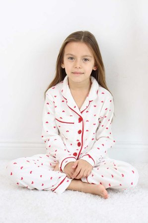 Kız Çocuk Pijama Takımı Kalp Desenli Yakalı Önü Düğmeli Cep Detaylı 4-12 Yaş Arası