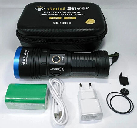 Gold Silver GS-14000 Şarjlı El Feneri | 40W 4000 Lümen | 12800 mAh Li-ion | Kamp, Avcılık & Acil Durumlar