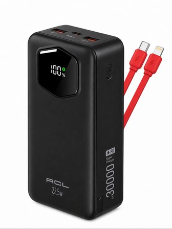 Acl PW-138 30000 mAh 22.5W Hızlı Şarj Powerbank Kendinden Kablolu LCD Göstergeli Siyah