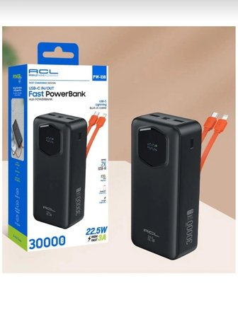 Acl PW-138 30000 mAh 22.5W Hızlı Şarj Powerbank Kendinden Kablolu LCD Göstergeli Siyah