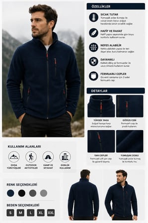 unisex lacivert Polar Ceket Fermuarlı – Soğuk Havalara Uygun, Rahat ve Şık Tasarım