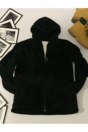 Kadın Gri Renk Tam Fermuarlı Kapüşonlu Cepli Peluş Polar