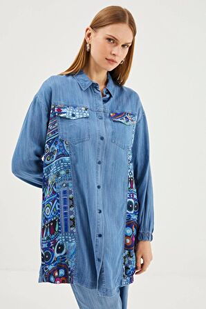 Desenli Gömlek Yaka Uzun Mavi Tunik 