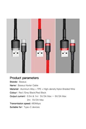 Cafule Kablo USB  Type-C 3A 0.5 M Kırmızı+Siyah