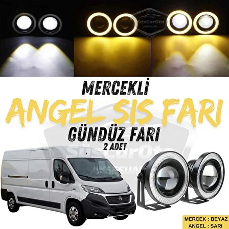 Fiat Ducato Uyumlu Üniversal Mercekli Angel Sis Farı Metal Su Geçirmez 76 mm Sarı Halkalı Gündüz Farı Angel Eyes 2 Adet