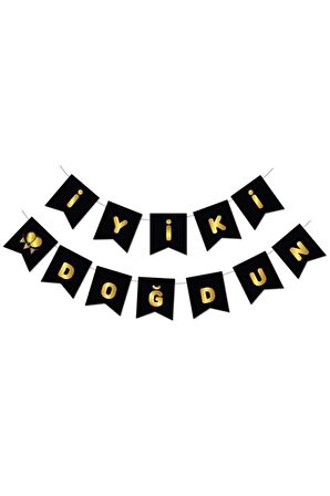Gold Metalik Baskılı İyiki Doğdun Banner Siyah