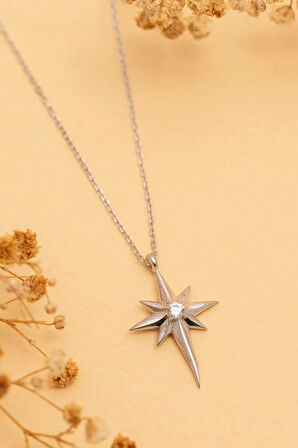 Kadın Gümüş Kolye - Zirkon Taşlı Kutup Yıldızı Motifli Gümüş Kolye