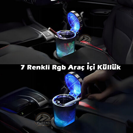 Araç Içi Küllük Led Işıklı 7 renkli Rgb Lüx Tip Kapaklı Araba Küllüğü