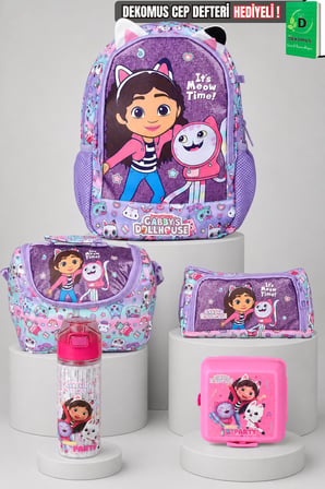 x Dekomus Lisanslı Gabby’s Dollhouse Meow Magic Collection Anaokul,Termoslu Beslenme ve Kalem Çantası,Beslenme Kabı,500 Ml Matara Seti